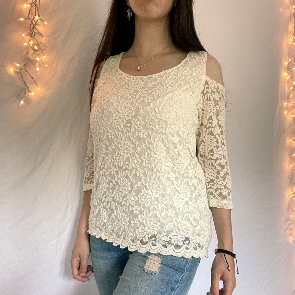 White Lace Open Shoulder Top